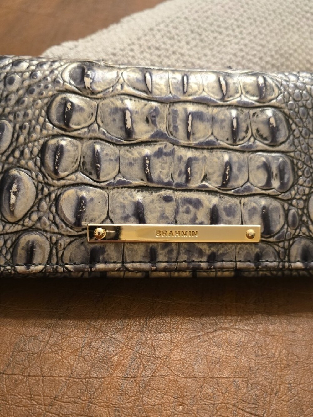 Brahmin Metallic Gray And Blue Croc-Embossed Wallet with Gold Plate - Picture 15 of 16